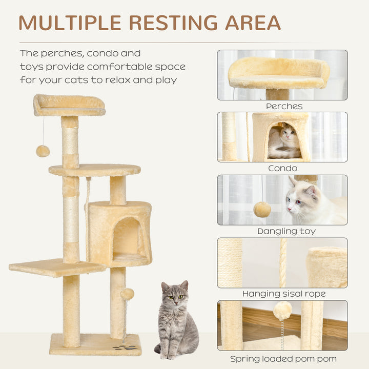 PawHut Cat Tree House, Multi-Level Activity Centre with Scratching Posts, 114 cm High, Beige