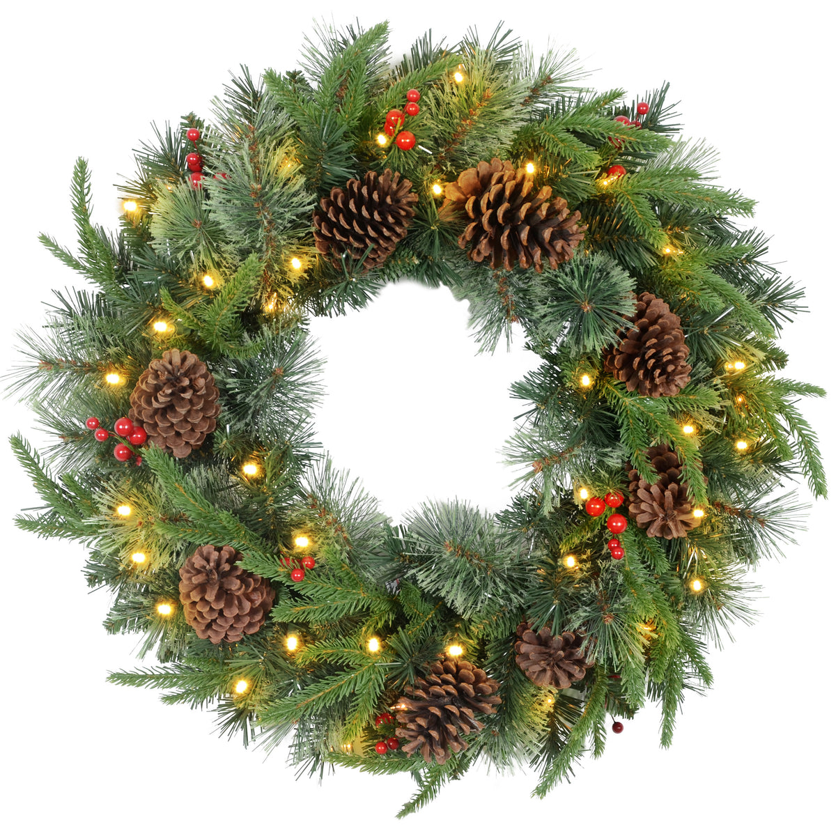 60" Cone and Berry Christmas Wreath, with LED Lights