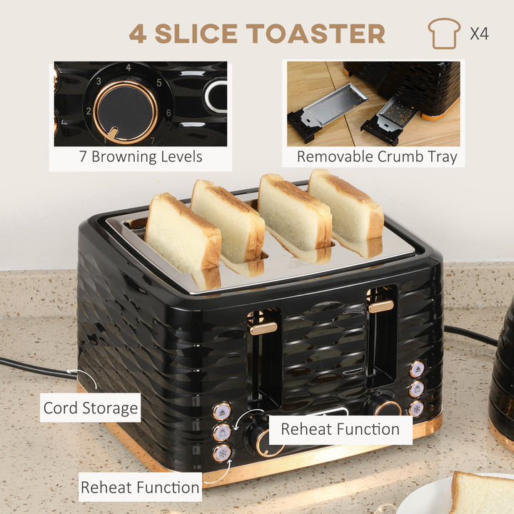 HOMCOM Kettle and Toaster Sets, 1600W 1.7L Rapid Boil Kettle & 4 Slice Toaster w/7 Browning Controls Defrost Reheat Crumb Tray Otter thermostat Black