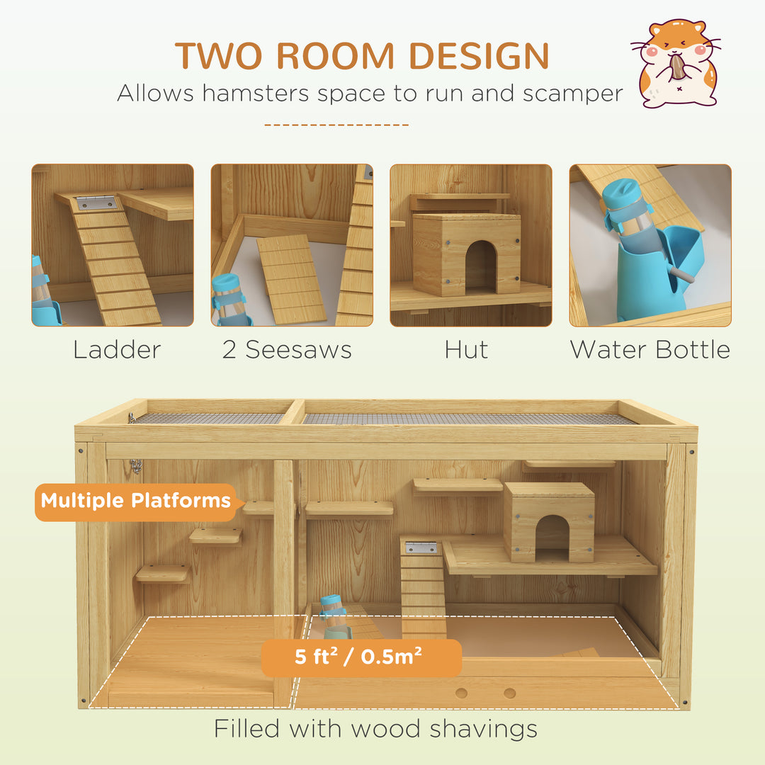 Wooden Hamster Cage with Water Bottle, Platforms, Openable Roof, Sliding Tray, Hut, Seesaws, Natural Wood Finish