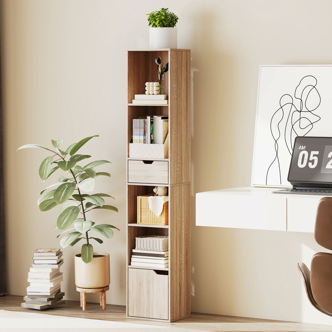 6-Tier Bookcase, Tall Narrow Bookshelf with Drawer and Door - Natural 