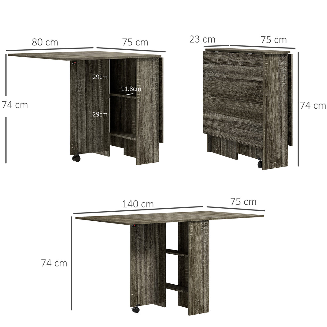 Folding Dining Table, Drop Leaf Table with 2-Tier Shelves, Rolling Casters, for Small Spaces, Kitchen, Grey