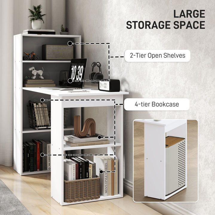 120cm Computer Desk, Wooden PC Laptop Table with 6-Tier Storage Bookshelves, Home Office Working Study Desk, Writing Workstation, White