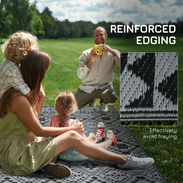 182 x 274cm Reversible Patterned Outdoor Rug, with Bag - Black/Grey