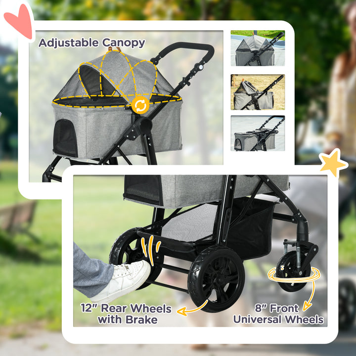 PawHut 2-In-1 Design No-Zip Pet Stroller Detachable Bag Travel Trolley w/ Shock-absorbing System Brake Basket Adjustable Handlebar, Grey | Aosom UK