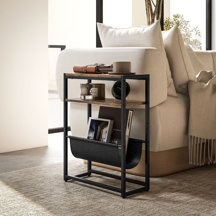 MCL Narrow Side Table, End Table with 3-Tier Storage, V-Shaped Magazine Holder for Living Room, Bedroom, 43 x 18 x 56 cm, Ru