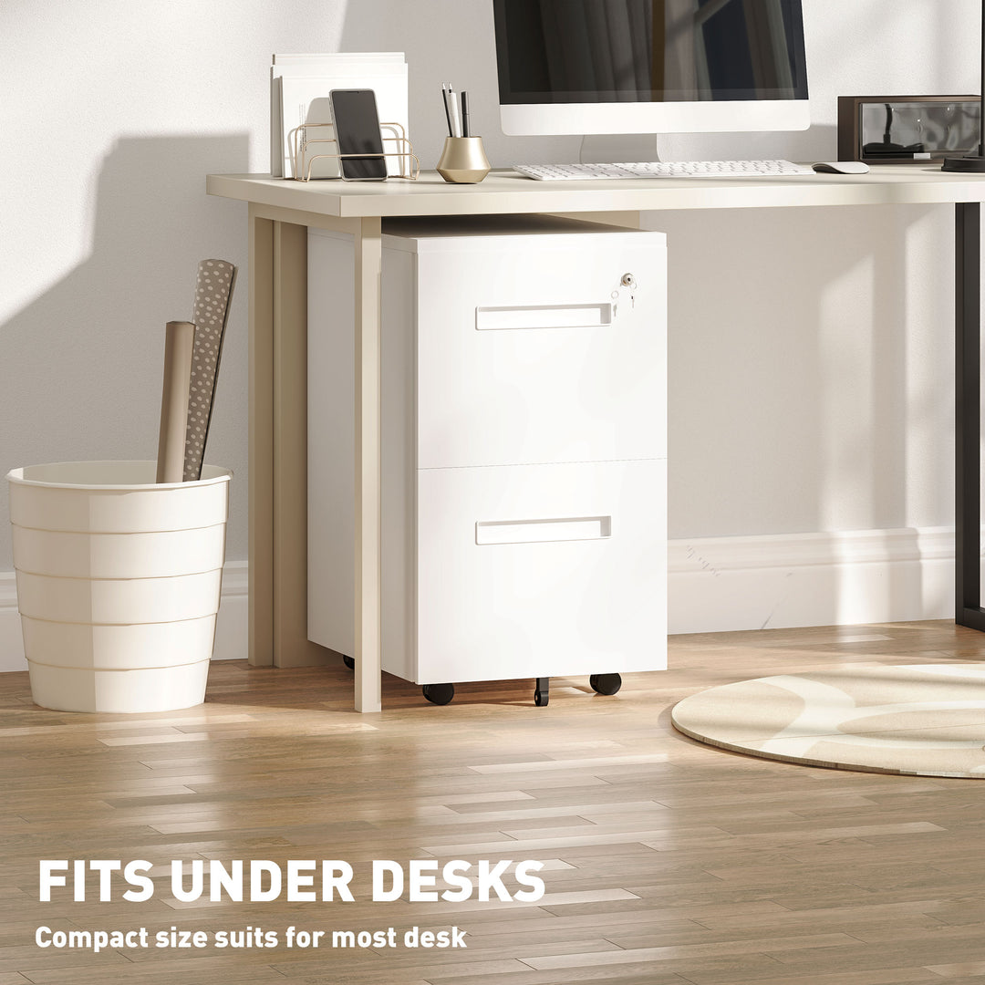 Metal Mobile File Cabinet with Wheels, Lockable 2 Drawer Filing Cabinet for A4, Legal, Letter, Compact Under Desk Storage Unit with Pre-Assembled Body for Home Office, 39 x 48 x 67cm, White