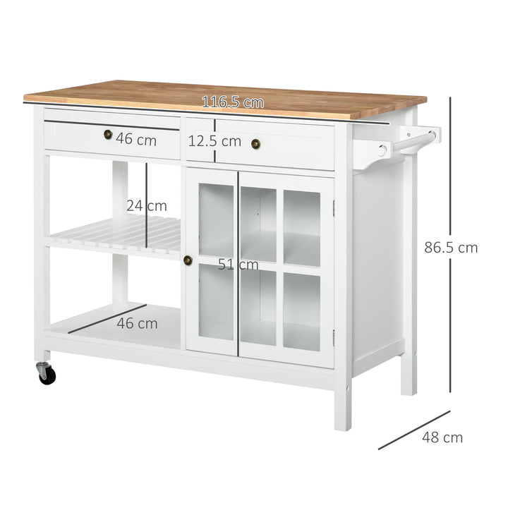 HOMCOM Modern Kitchen Island on Wheels, Kitchen Trolley Storage Cart with 2 Drawers, Cabinet, Towel Rack, Rubber Wood Top for Dining Room, White