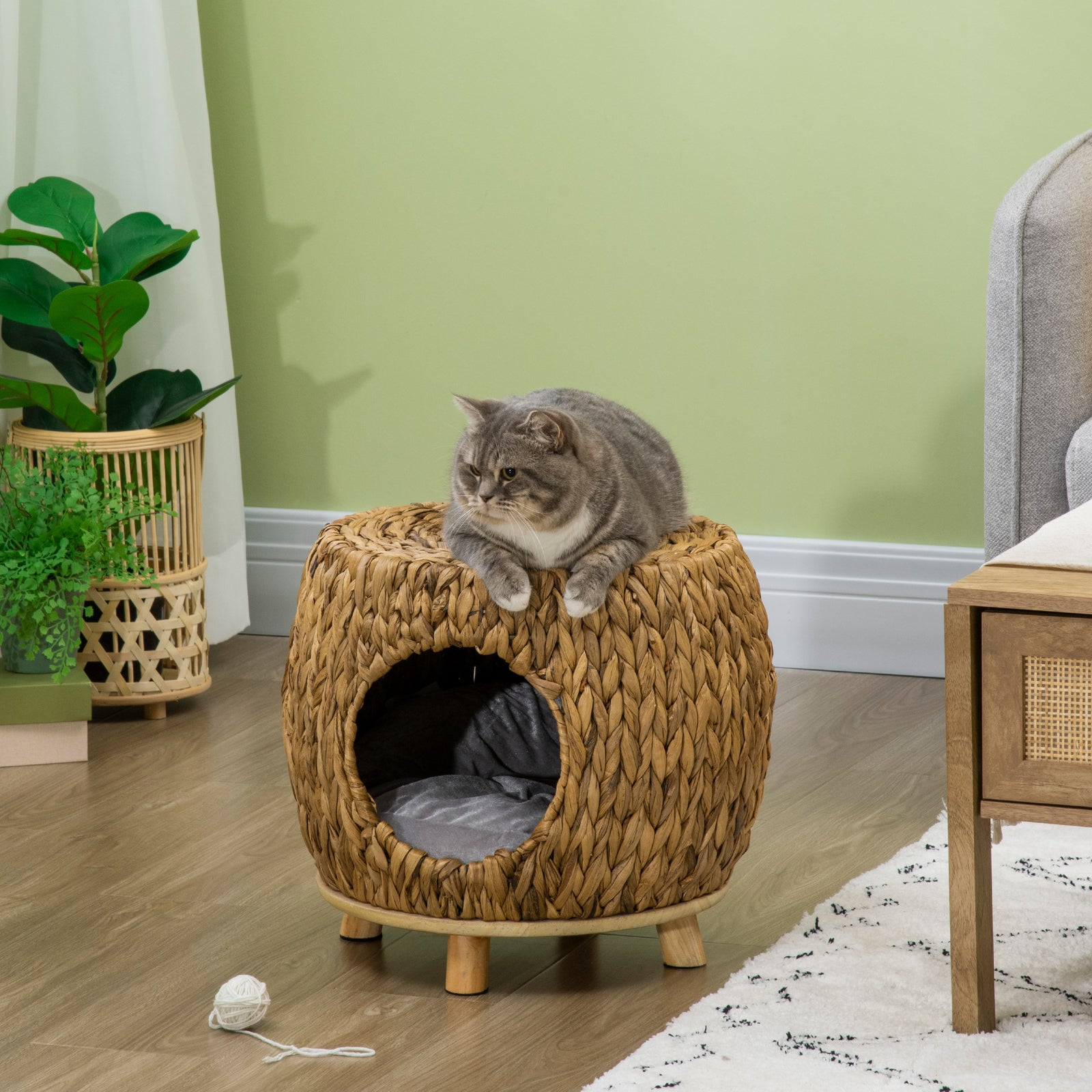 Wicker Cat Bed Cat House Stool with Washable Cushion, 44 x 43 x 41cm