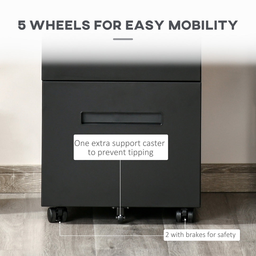 Metal Mobile File Cabinet with Wheels, Lockable 2 Drawer Filing Cabinet for A4, Legal, Letter, Compact Under Desk Storage Unit with Pre-Assembled Body for Home Office, 39 x 48 x 67cm, Black