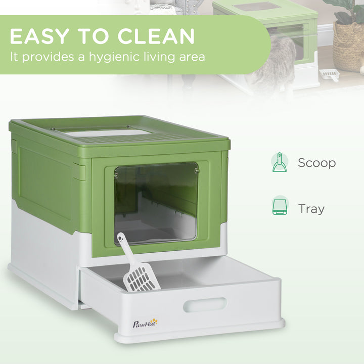 Hooded Cat Litter Box, Portable Pet Toilet, with Scoop, Front Entry - Light Green