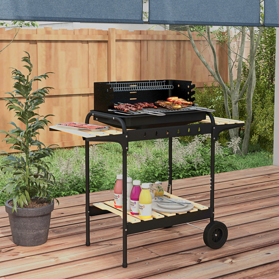 Charcoal Barbecue Grill with Adjustable Grill Height, Portable BBQ Trolley with Ash Catcher and Wheels for Outdoor Garden Party Cooking, Black