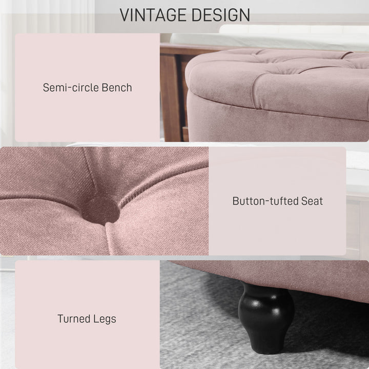 Semi-Circle Ottoman Storage Bench, Bed End Bench, Tufted Upholstered Window Seat Footrest Stool with Rubberwood Legs for Bedroom & Entryway, 120 x 46 x 42 cm, Pink