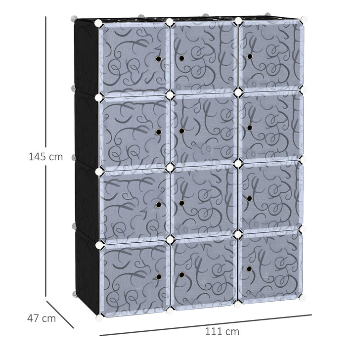 Portable Wardrobe for Bedroom, 12 Cube Closet with 2 Hanging Rails, Modular Storage Cabinet, Plastic Armoire for Space Saving, White and Black