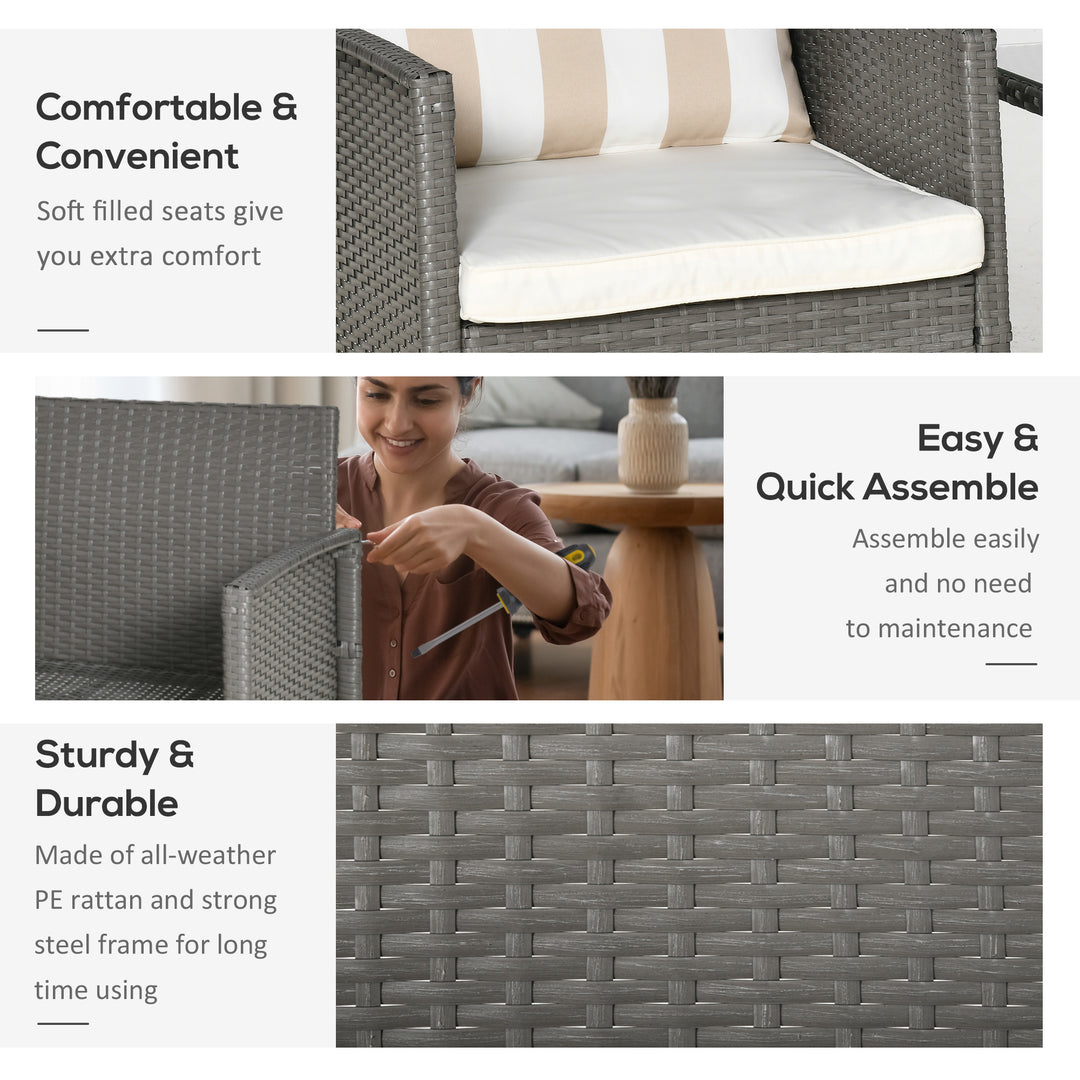 MCL 3 Pieces Rattan Bistro Set, Wicker Garden Furniture Set, Glass Top 2-tier Coffee Table and Chairs Set with Pillows and Washable Cushions for Outdoor, Patio, Balcony, Light Grey