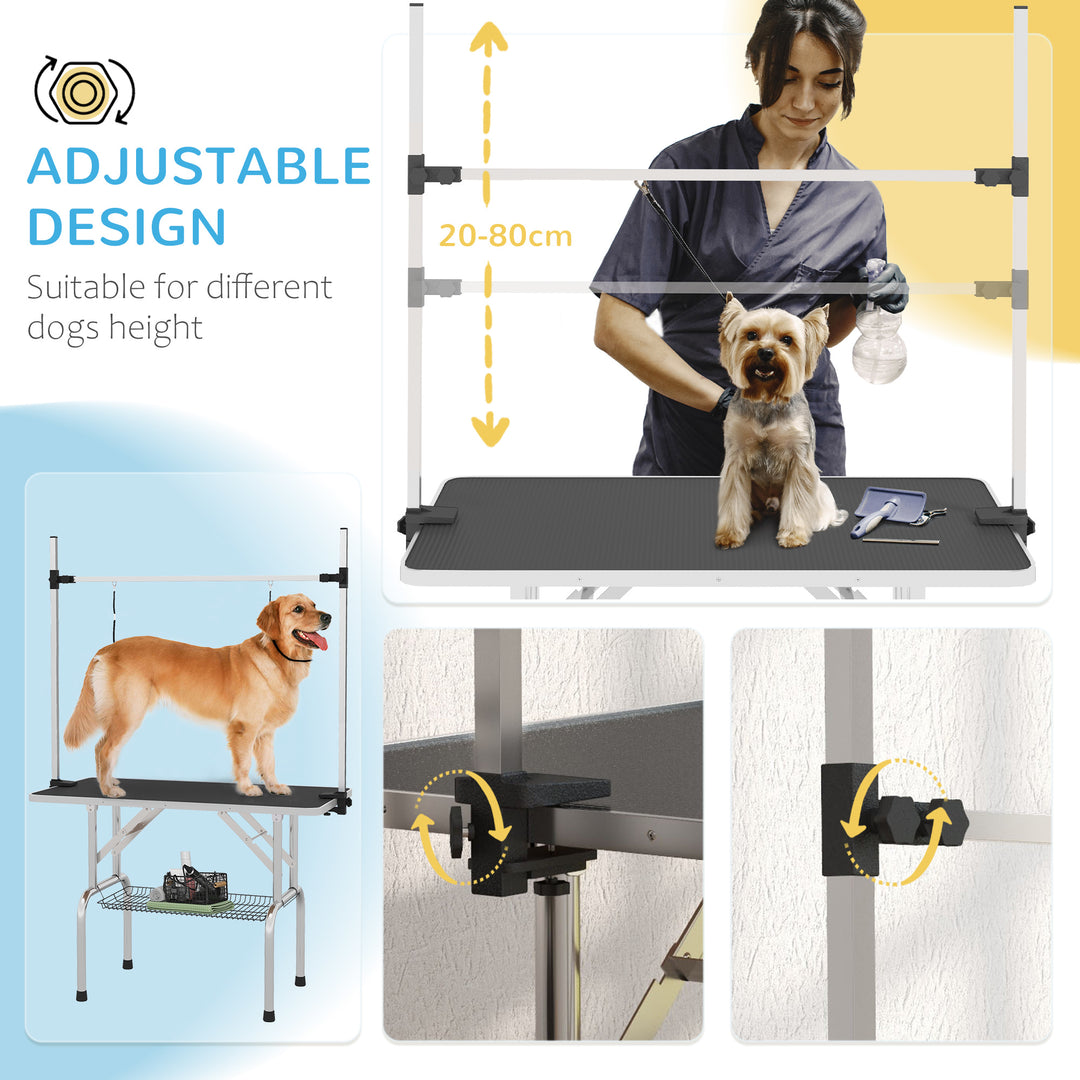 42" Dog Grooming Table, Adjustable Pet Cat Drying Beauty Table with 2 Loops Storage Basket, Rubber Top, Black