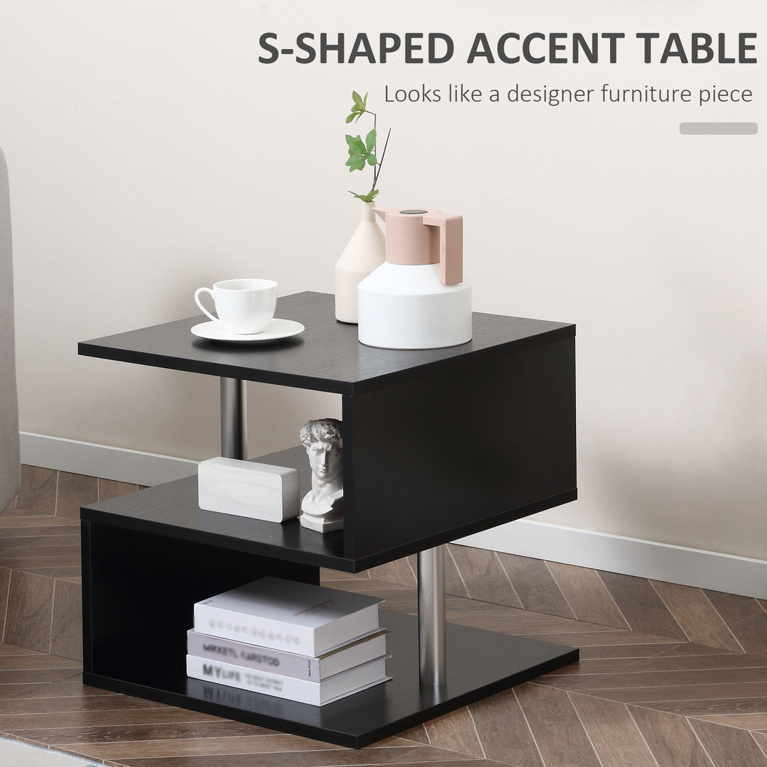 Wooden S Shape Cube Coffee Table 2 Tier Storage Shelves Organiser Office Bookcase Living Room End Desk Stand Display Set of 2 (Black)