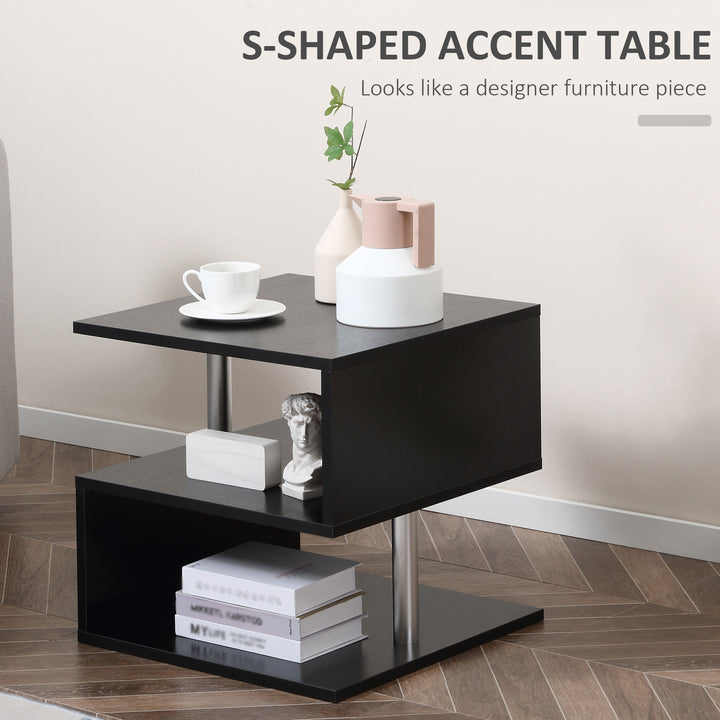 Wooden S Shape Cube Coffee Table 2 Tier Storage Shelves Organiser Office Bookcase Living Room End Desk Stand Display Set of 2 (Black)