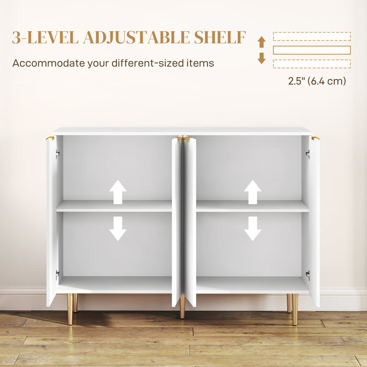 Sideboard Buffet Cabinet, Modern Kitchen Storage Cabinet with 4 Doors and Adjustable Shelves, Living Room Cabinet with Metal Legs for Hallway, White