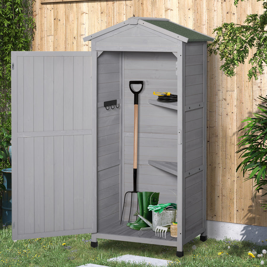 Wooden Garden Shed, Outdoor Storage Cabinet with 2 Shelves and Hooks, Locking Organiser Outdoor Narrow Tool House, 74x55x155cm, Grey
