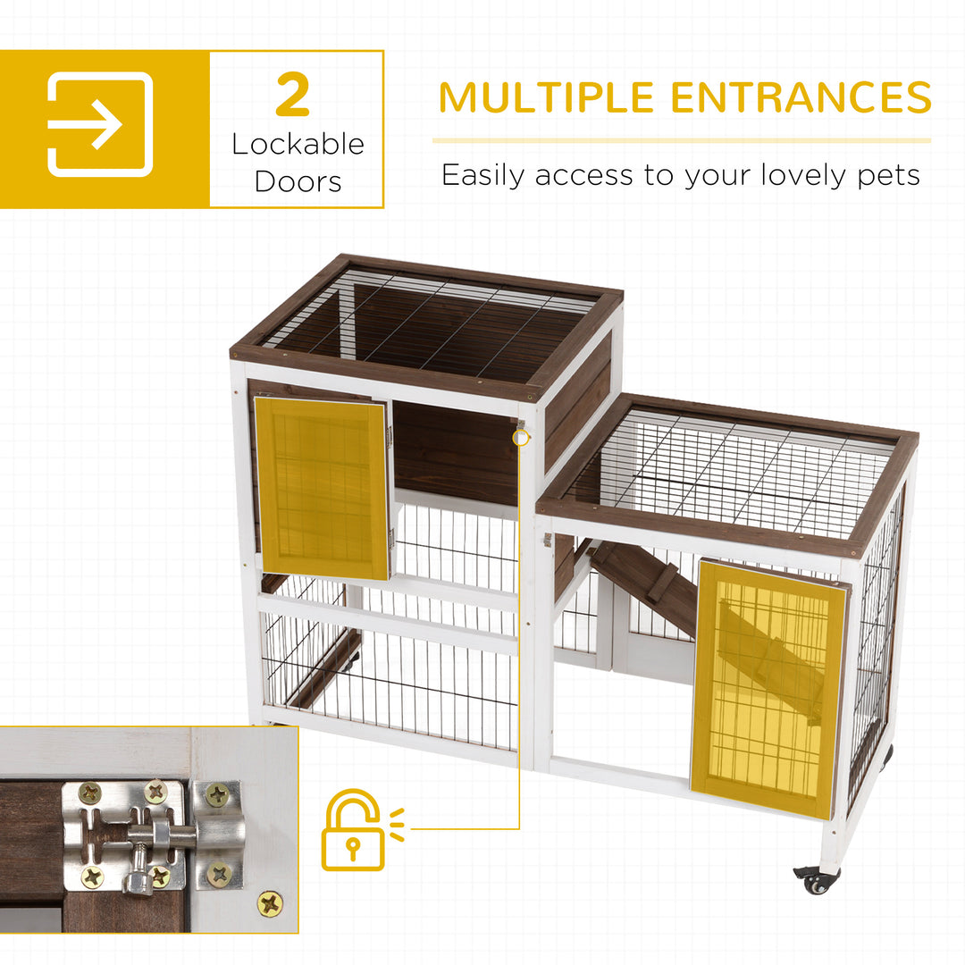 Two-Tier Rabbit Hutch Pet Cage, with Wheels - Brown