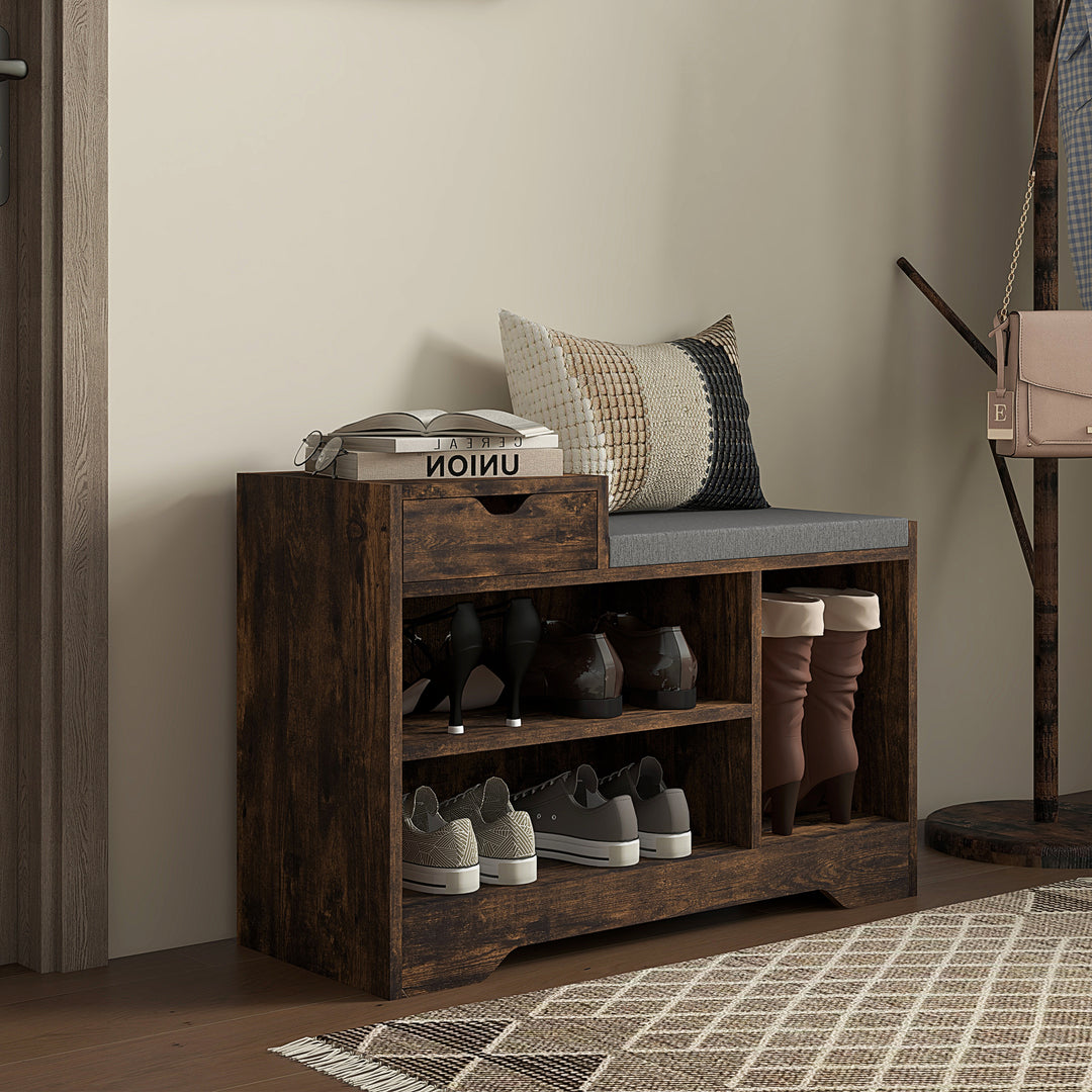 Multi-Compartment Shoe Bench, with Seat - Rustic Brown