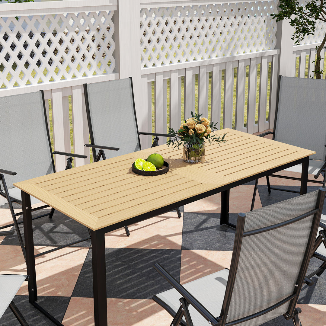 Garden Table for 6 People, 175 x 78 x 75 cm Rectangle Outdoor Dining Table with Slatted Top, Metal Frame, for Balcony, Deck, Teak