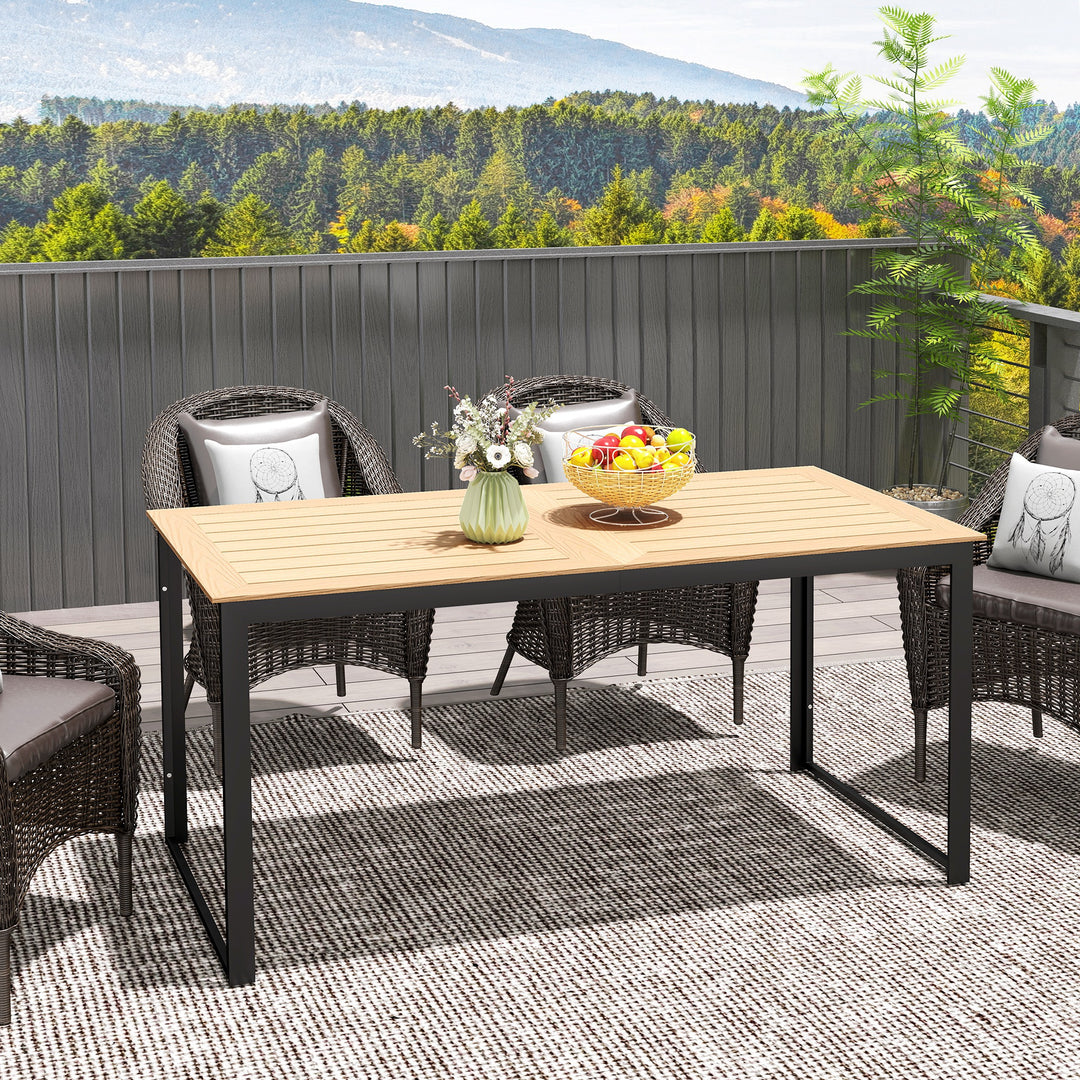 Garden Table for 6 People, 160 x 80 x 75 cm Rectangle Outdoor Dining Table with Slatted Top, Metal Frame, for Balcony, Deck, Teak