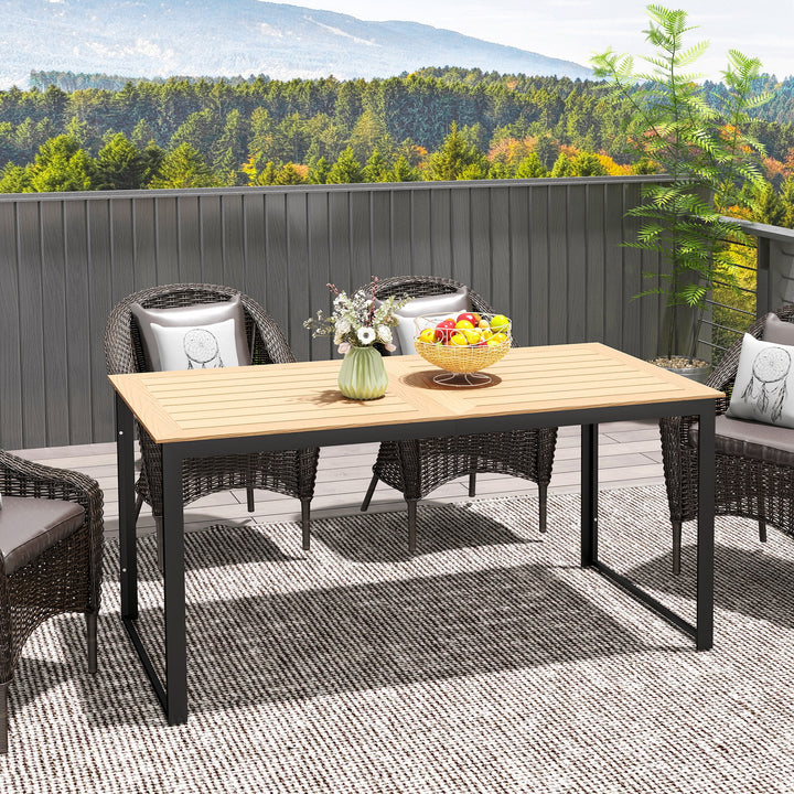 Garden Table for 6 People, 160 x 80 x 75 cm Rectangle Outdoor Dining Table with Slatted Top, Metal Frame, for Balcony, Deck, Teak