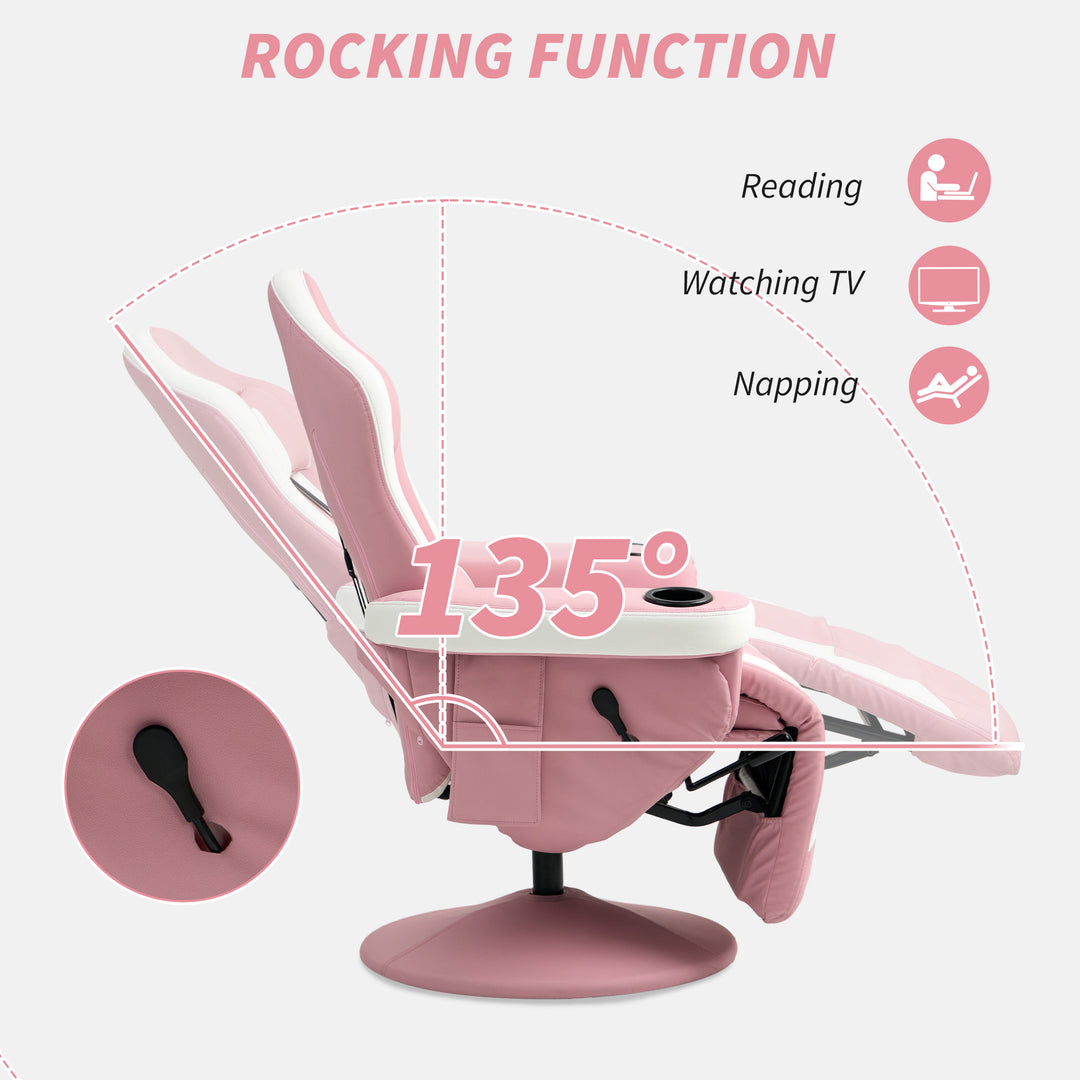Manual Recliner Armchair PU Leather Lounge Chair w Adjustable Leg Rest, 135° Reclining Function, 360° Swivel, Pink