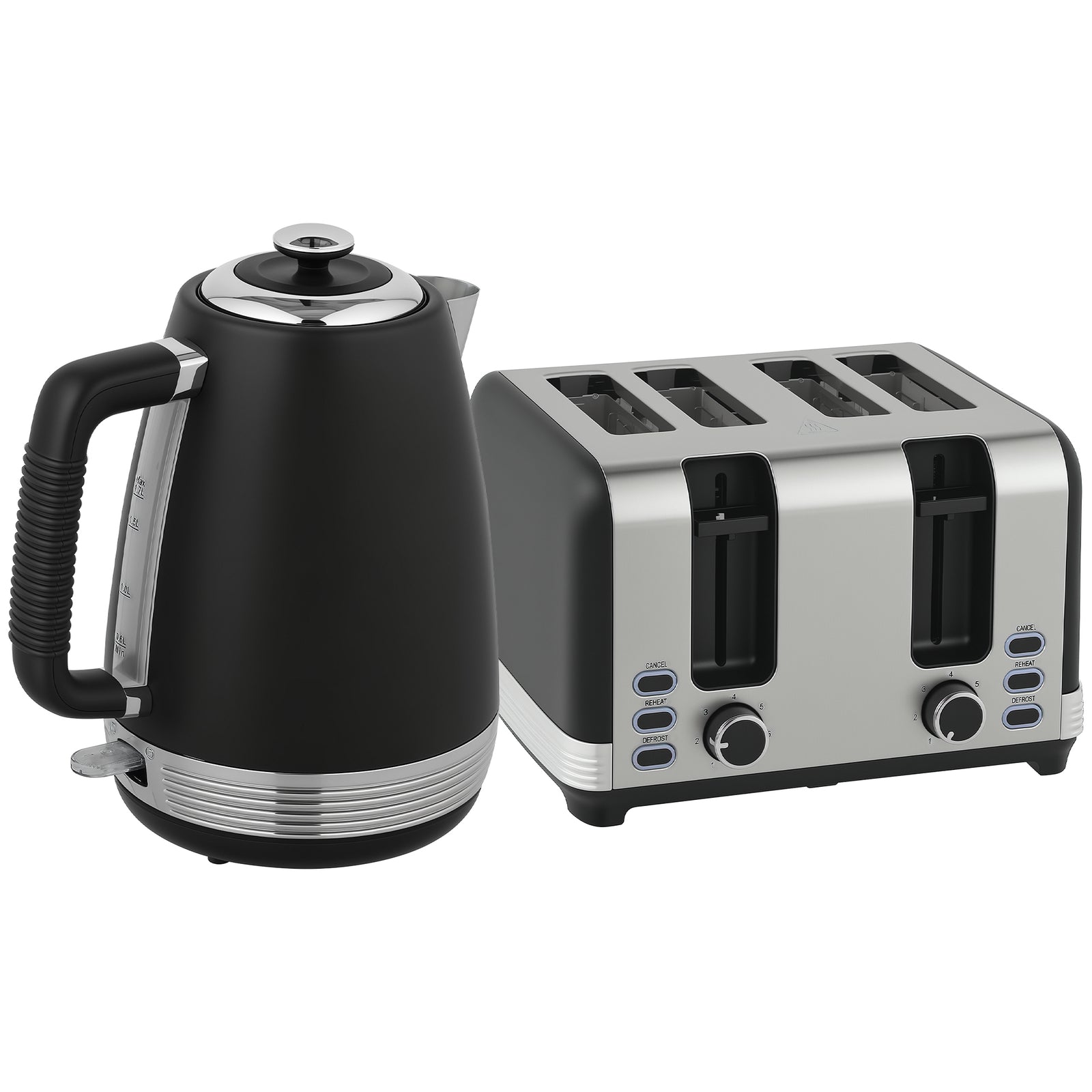 Stainless Steel Kettle and Toaster Set, 1.7L 3000W Rapid Boil Jug Kettle with UK Strix Thermostat, Limescale Filter, 4 Slice Toaster with 7 Browning Controls, Crumb Tray, Black and Silver Tone