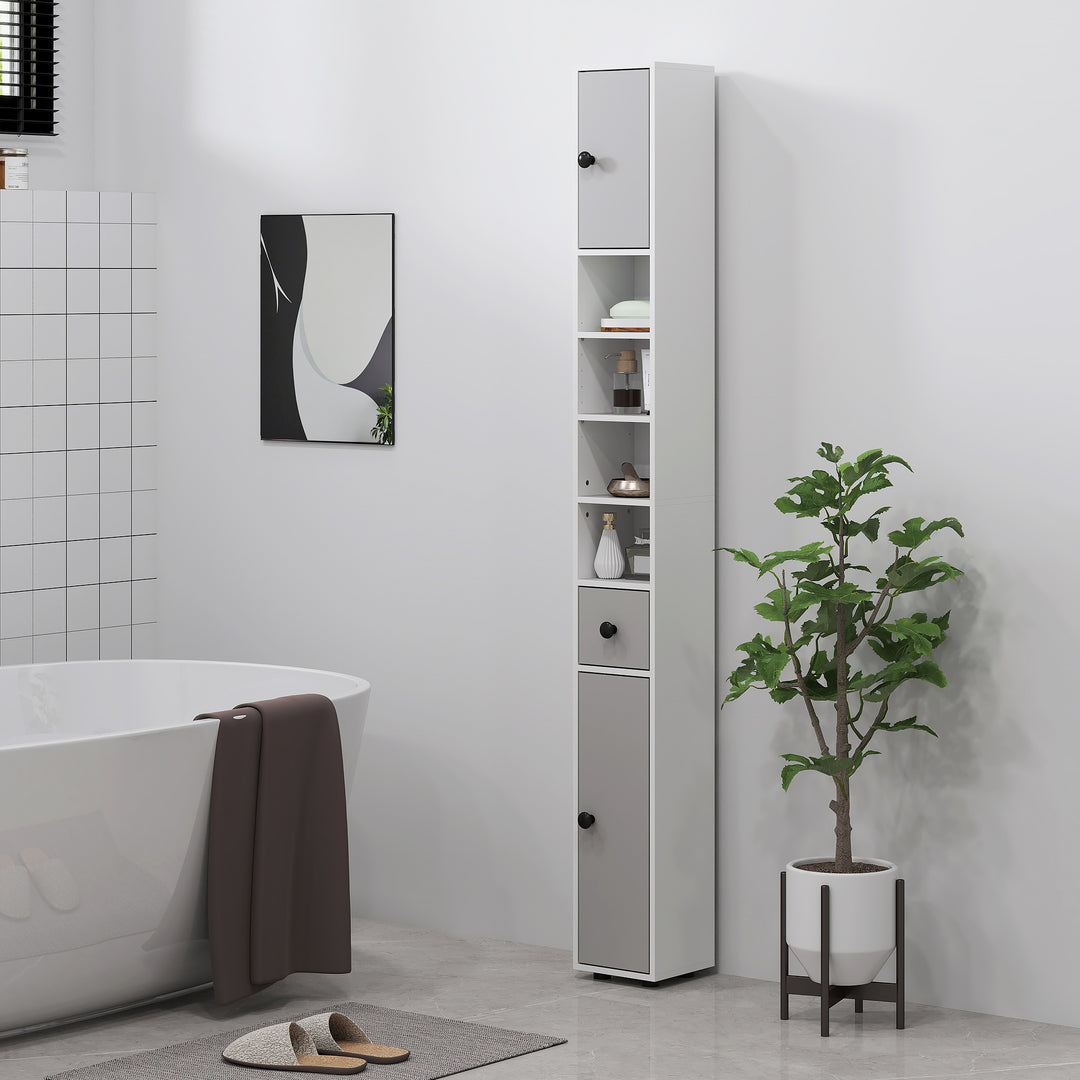 180cm Slim Bathroom Cabinet, with Drawer, Shelves and Cupboards - Light Grey
