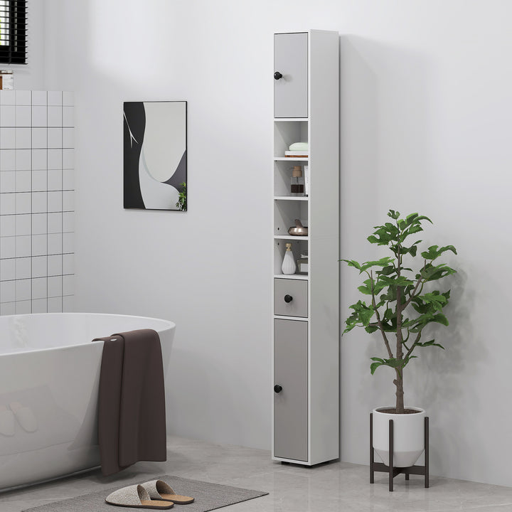 180cm Slim Bathroom Cabinet, with Drawer, Shelves and Cupboards - Light Grey