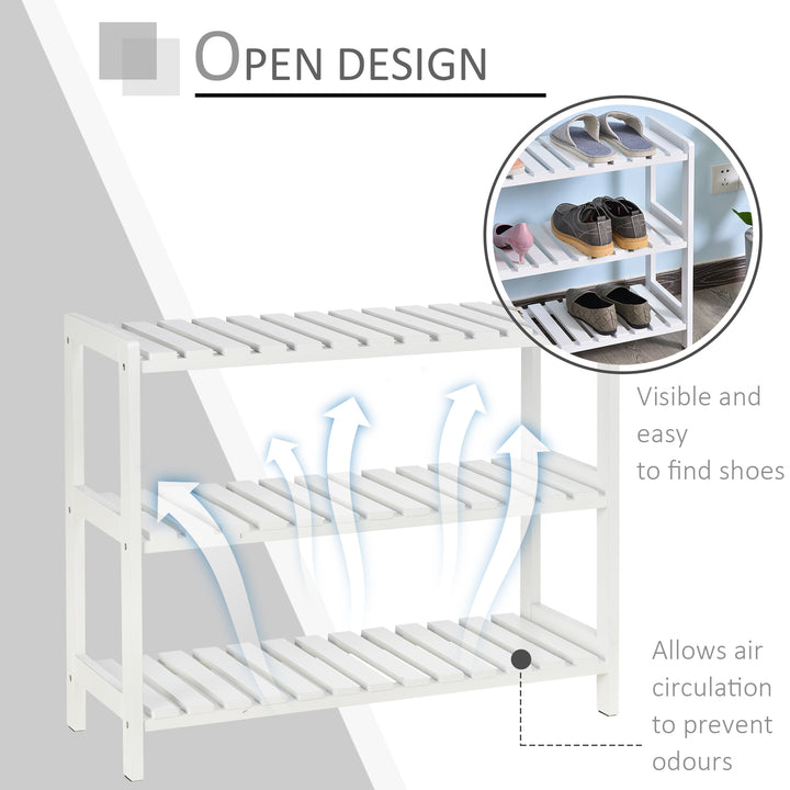 HOMCOM Shoe Sanctuary: 3-Tier Slatted Shoe Rack, Wooden Frame, Spacious and Hygienic Storage, 70L x 26W x 57.5H cm, White | Aosom UK