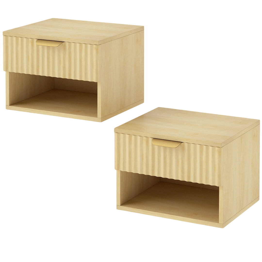 MCL Floating Nightstands Set of 2, Modern Wall Mounted Bedside Tables with Fluted Drawer and Open Shelf for Bedroom, White - Oak
