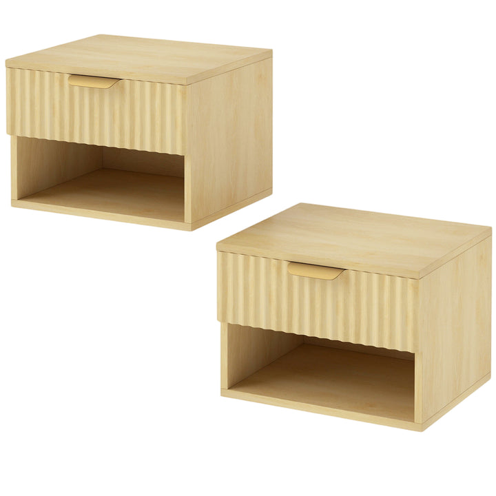 MCL Floating Nightstands Set of 2, Modern Wall Mounted Bedside Tables with Fluted Drawer and Open Shelf for Bedroom, White - Oak