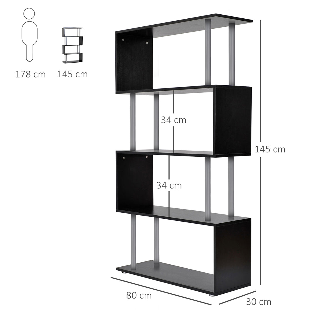 HOMCOM S-Shaped Bookcase, Contemporary Wooden Bookshelf Dividers, Spacious Storage Display Unit, Elegant Black, Ideal for Home and Office | Aosom UK