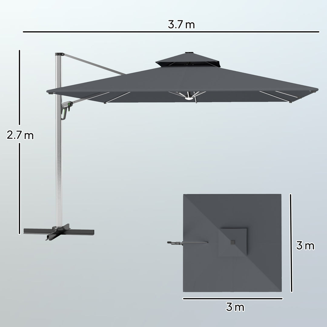 3(m) Garden Cantilever Parasol with Solar LED Lights, Cross Base, 360° Rotation, Crank Handle and Tilt, Grey