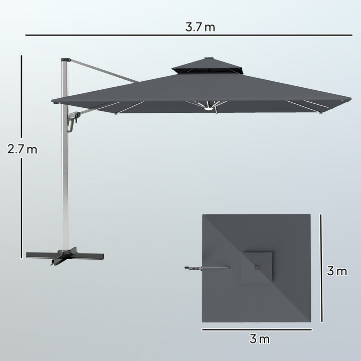 3(m) Garden Cantilever Parasol with Solar LED Lights, Cross Base, 360° Rotation, Crank Handle and Tilt, Grey