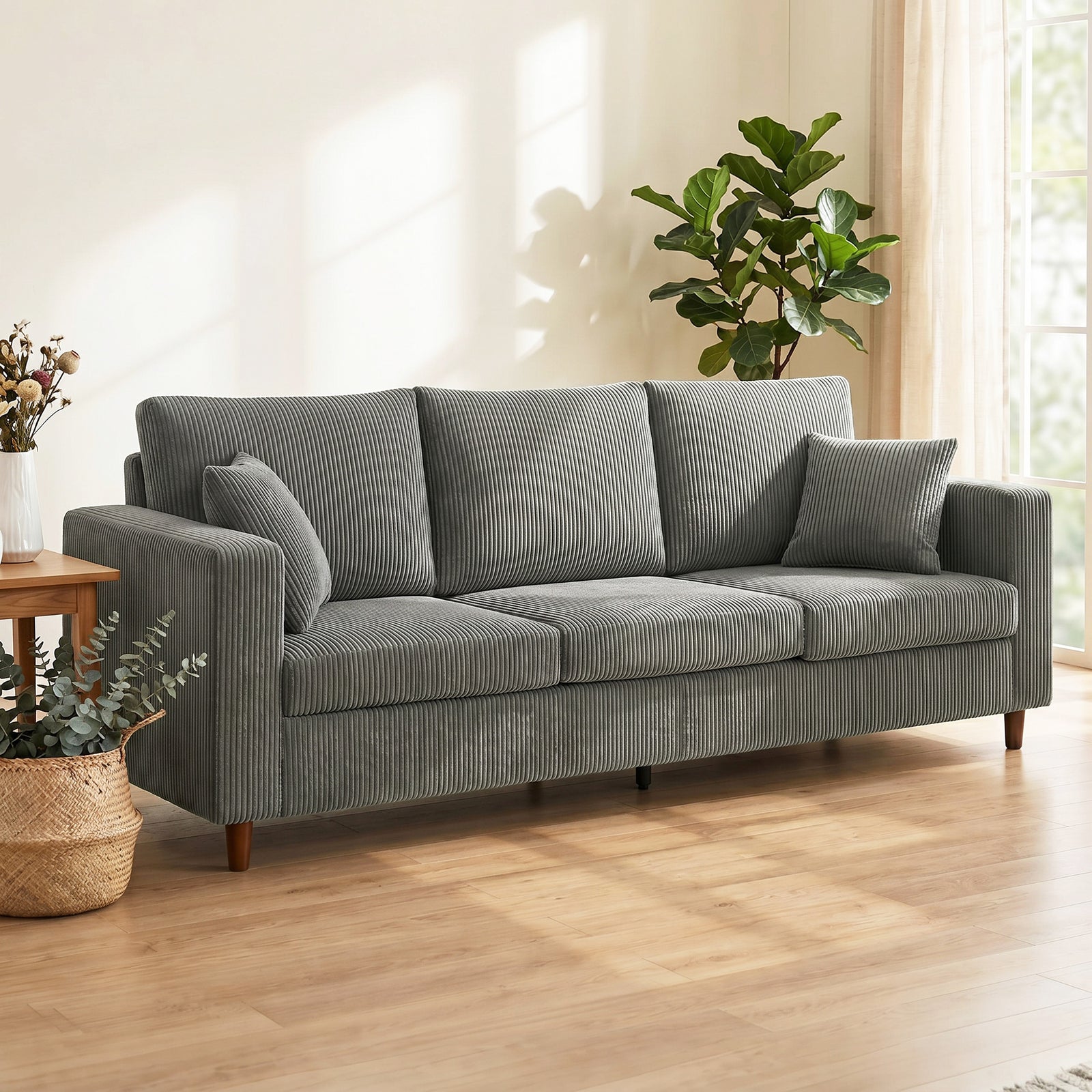 3 Seater Sofa with Wide Seat, Corduroy Fabric Couch with Deep Seat, Sp