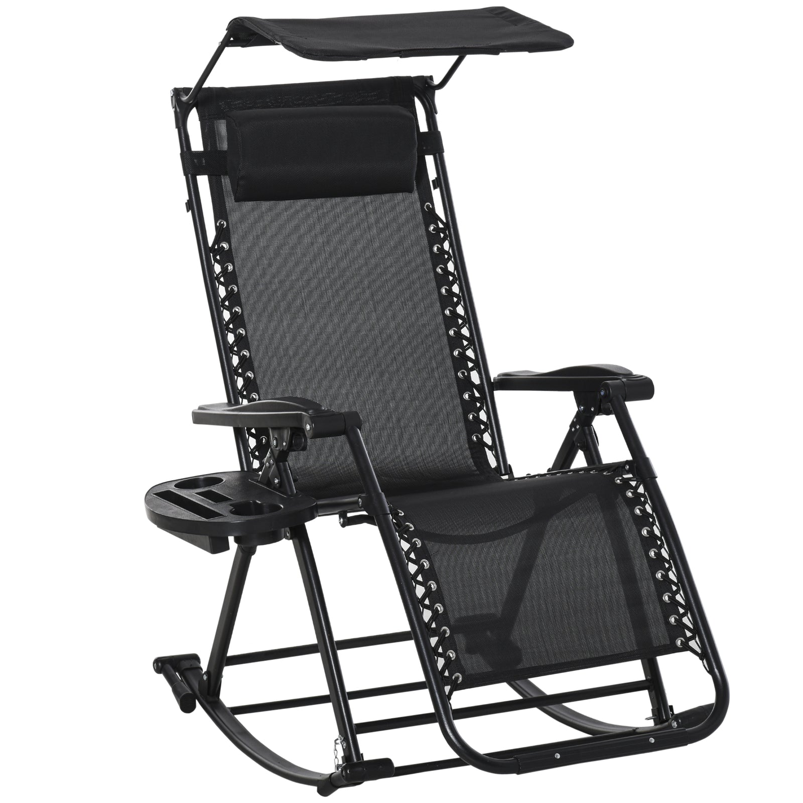 Garden Rocking Chair Folding Recliner Outdoor Adjustable Sun Lounger Rocker Zero-Gravity Seat with Headrest Side Holder Patio Deck - Black
