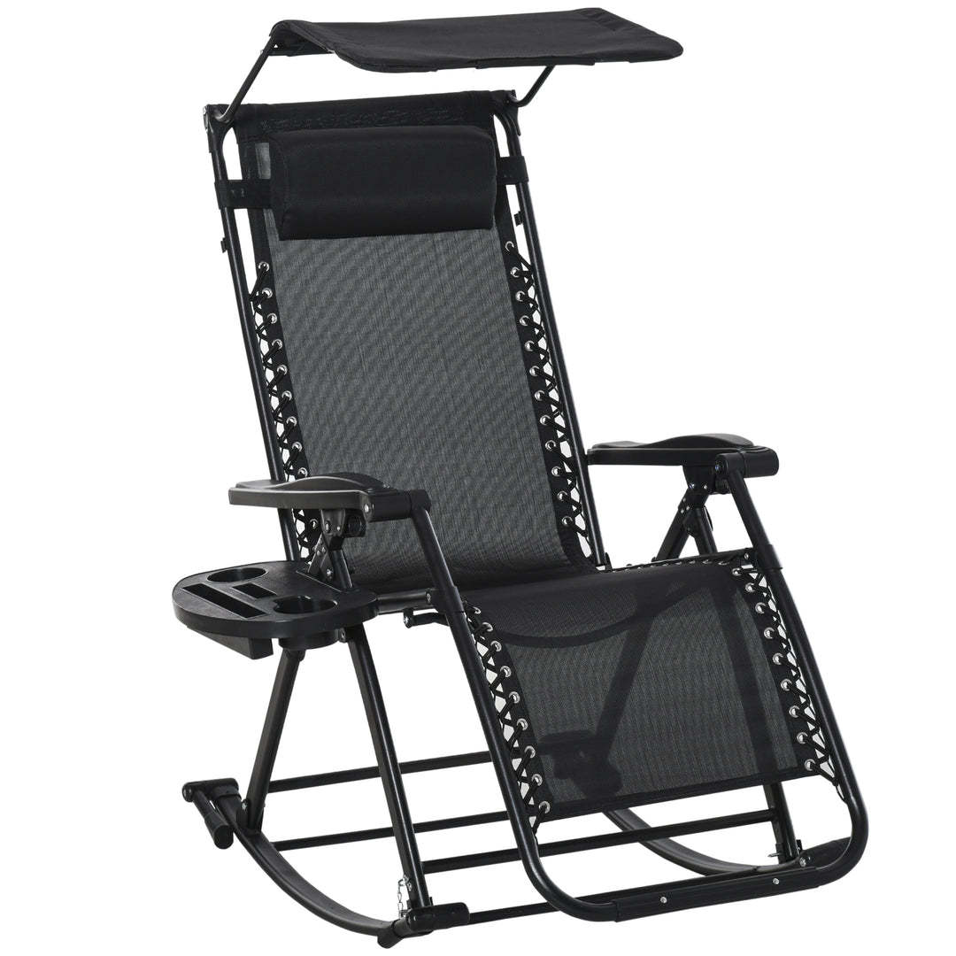 MCL Garden Rocking Chair Folding Recliner Outdoor Adjustable Sun Lounger Rocker Zero-Gravity Seat with Headrest Side Holder Patio Deck - Black