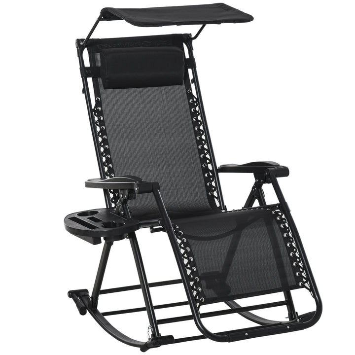 MCL Garden Rocking Chair Folding Recliner Outdoor Adjustable Sun Lounger Rocker Zero-Gravity Seat with Headrest Side Holder Patio Deck - Black