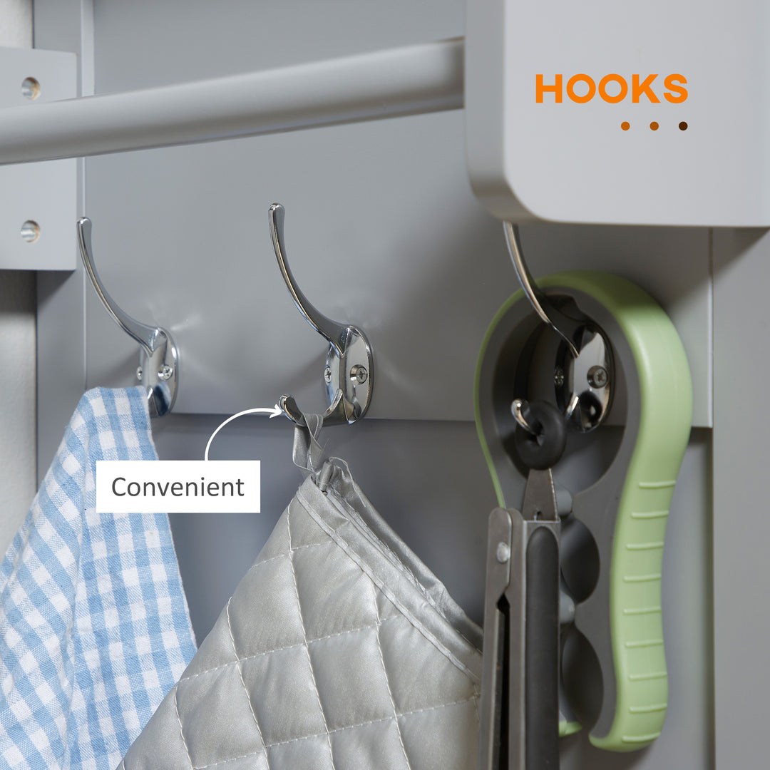 MCL Rolling Kitchen Island on Wheels, Utility Serving Cart with Rubber Wood Top, Towel Rack, Hooks and Storage Drawers, Grey