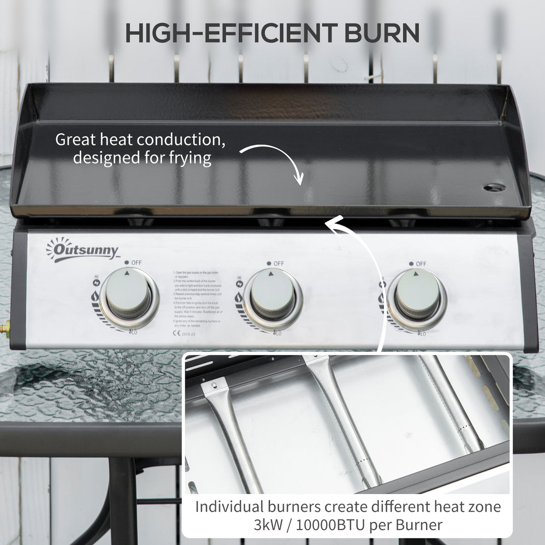 Gas Plancha Grill with 3 Stainless Steel Burner, 9kW, Portable Tabletop Gas BBQ with Non-Stick Griddle for Camping Picnic Garden Party Festival