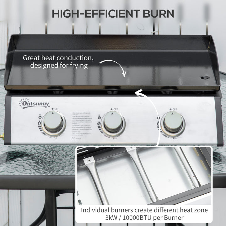 Gas Plancha Grill with 3 Stainless Steel Burner, 9kW, Portable Tabletop Gas BBQ with Non-Stick Griddle for Camping Picnic Garden Party Festival