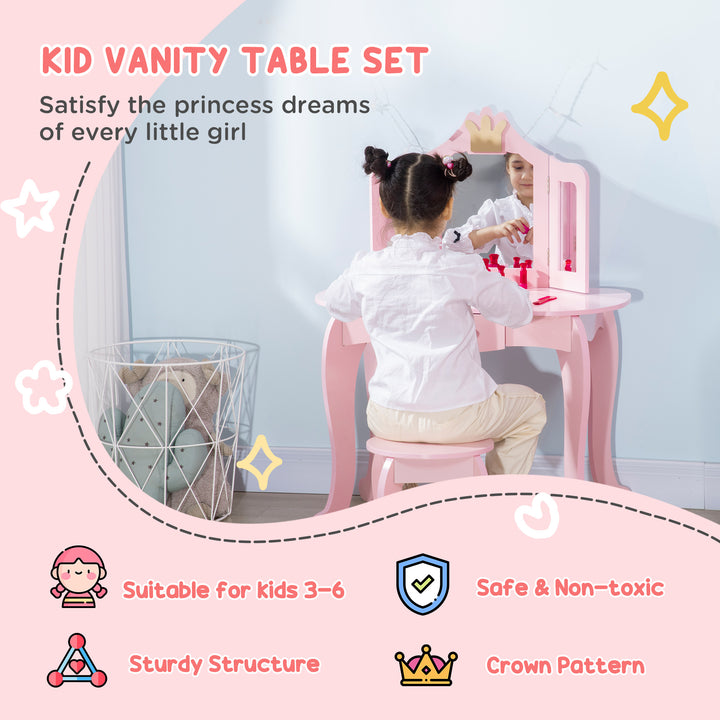 ZONEKIZ Kids Dressing Table with Mirror and Stool, Kids Vanity Set, Girl Makeup Desk with Rotatable Mirrors and Drawer, Pink