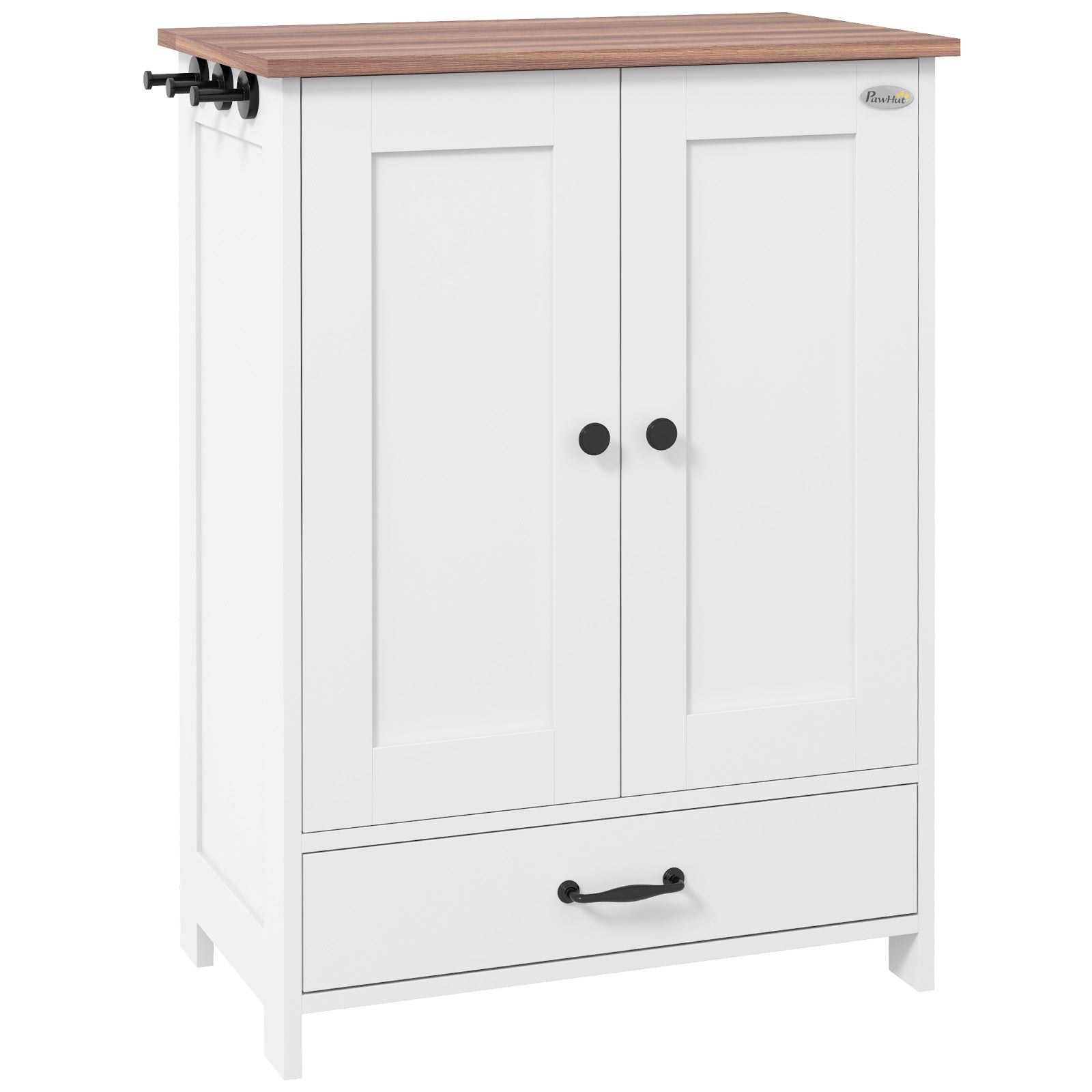 Pet Feeding Station with Raised Dog Bowls, Adjustable Panel, Hooks, White