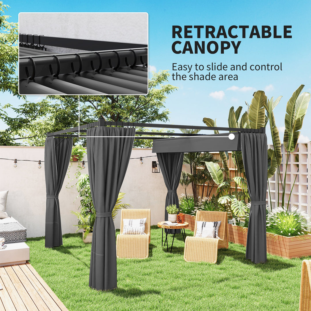 3 x 3(m) Retractable Pergola, Garden Gazebo Shelter with Curtains, for Grill, Patio, Deck, Charcoal Grey