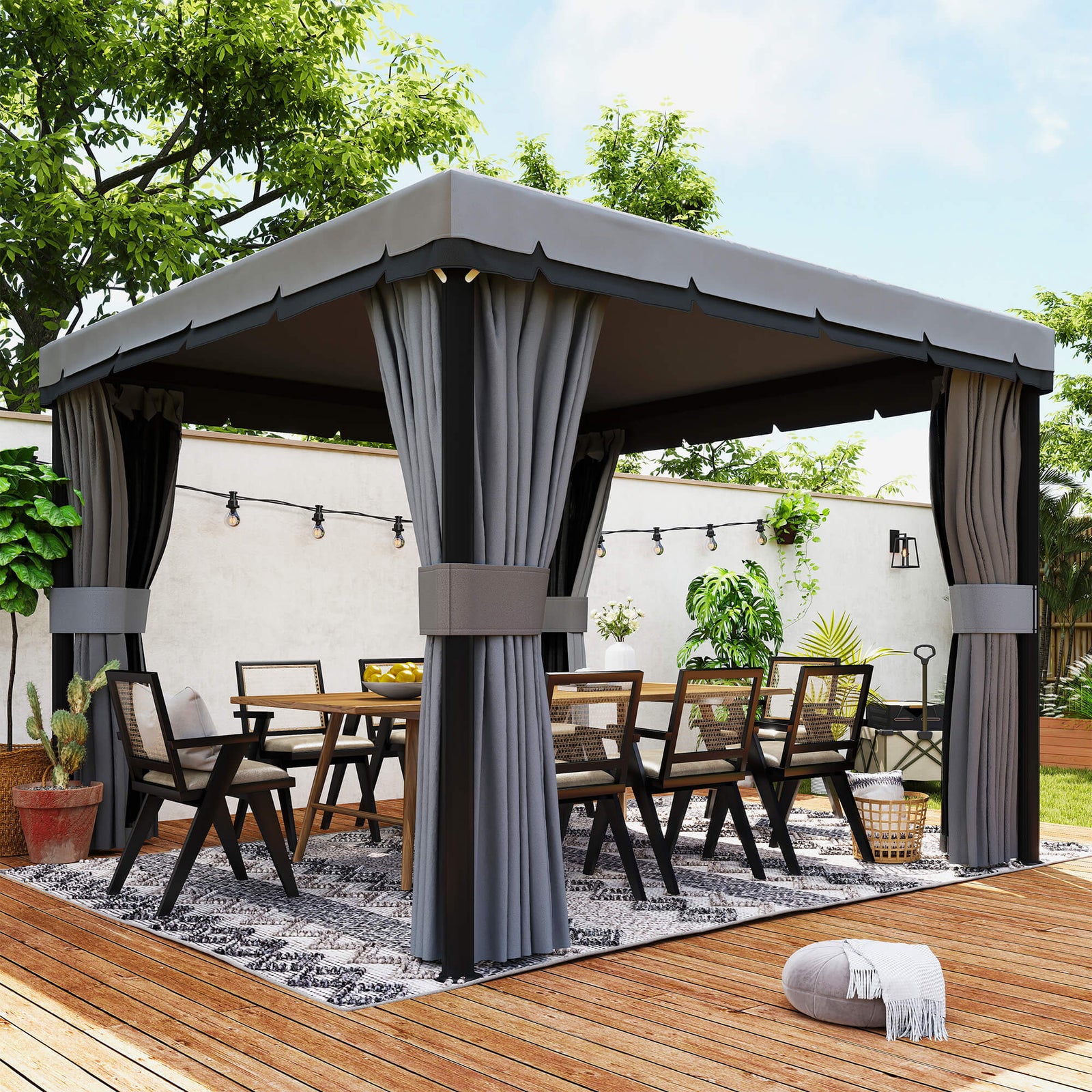 3 x 3(m) Patio Gazebo Canopy Garden Pavilion Tent Shelter Marquee with 2 Tier Roof, Netting and Curtains, Light Grey